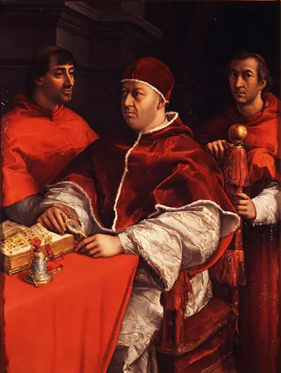 Porträt des Papstes Leo X. mit den Kardinälen Giulio de' Medici und Luigi de' Rossi Raffael